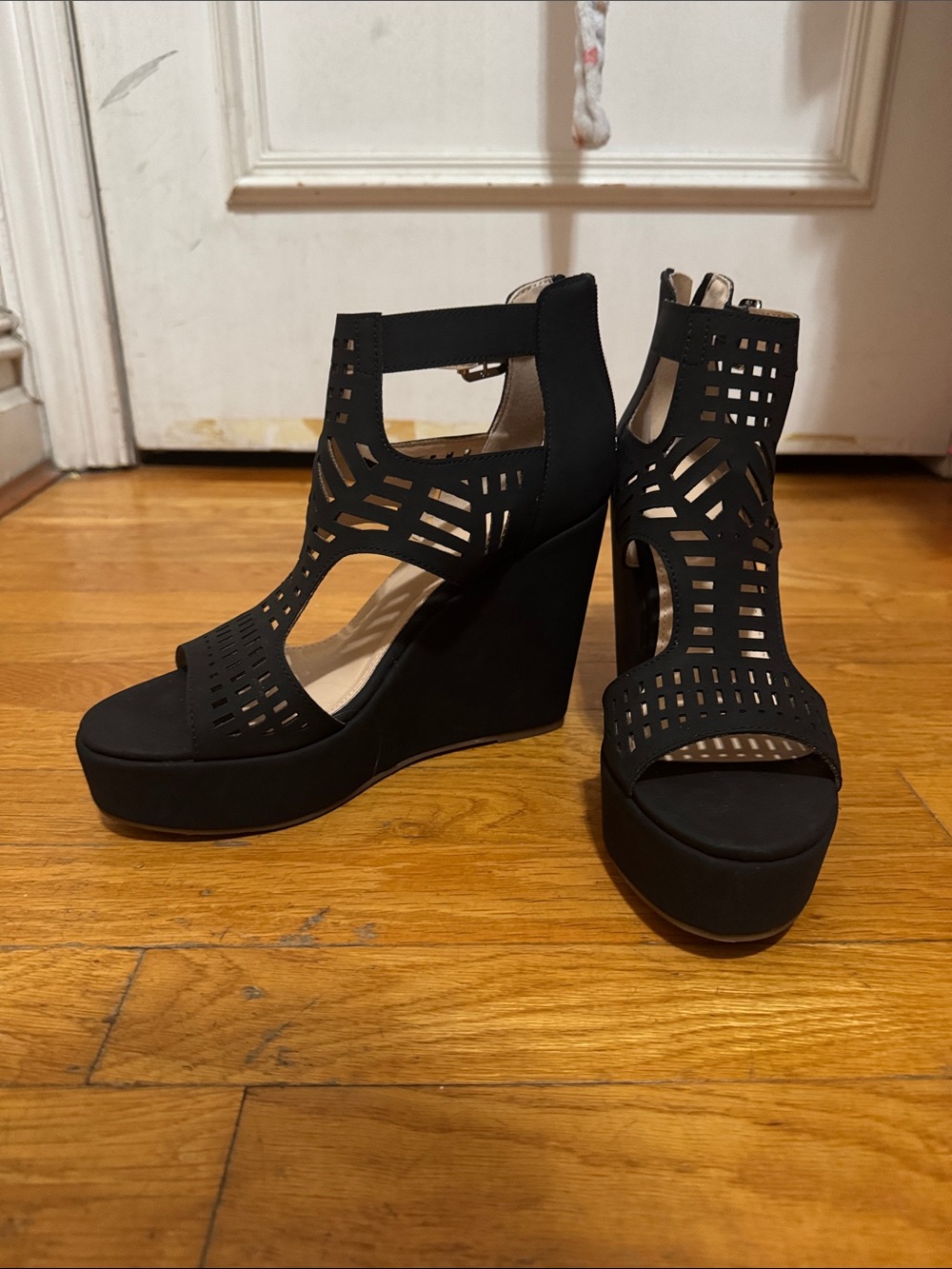 Women’s Black Laser-Cut Wedge Sandals with Ankle Support